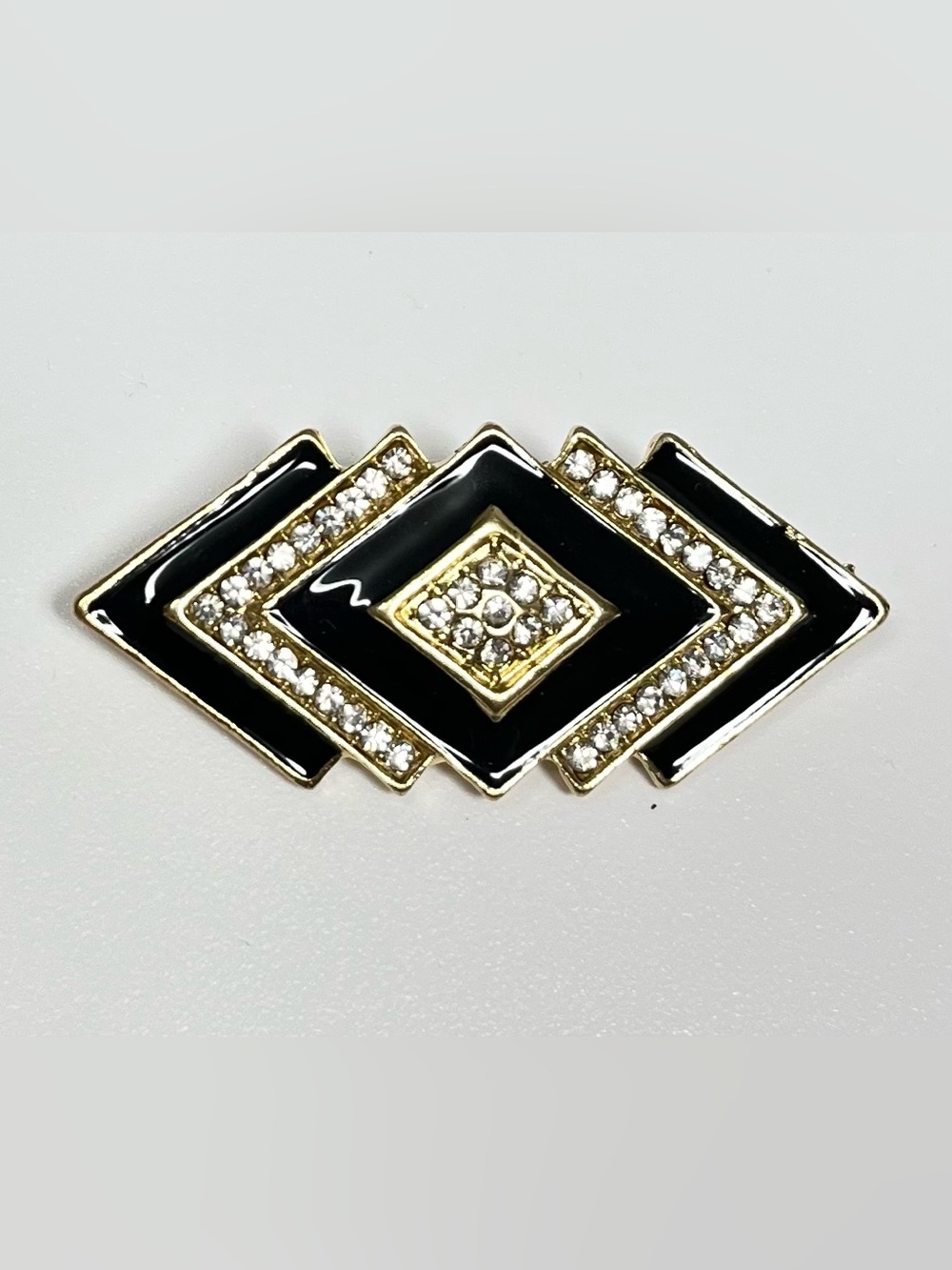 Brooch Gold-Tone Black Enamel & Crystal Geometric NIP 1.75” x .75”